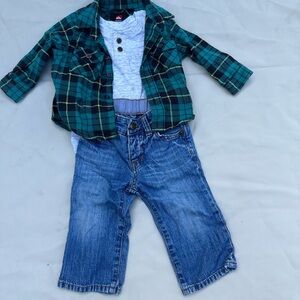 12 month baby boy outfit gap jeans cat & jack shirt and quiksilver flannel